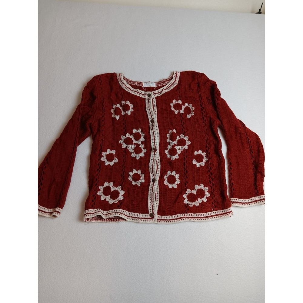 Sapphire Womens M Rust Red Crochet Floral Cardigan Sweater Boho Pointelle Knit